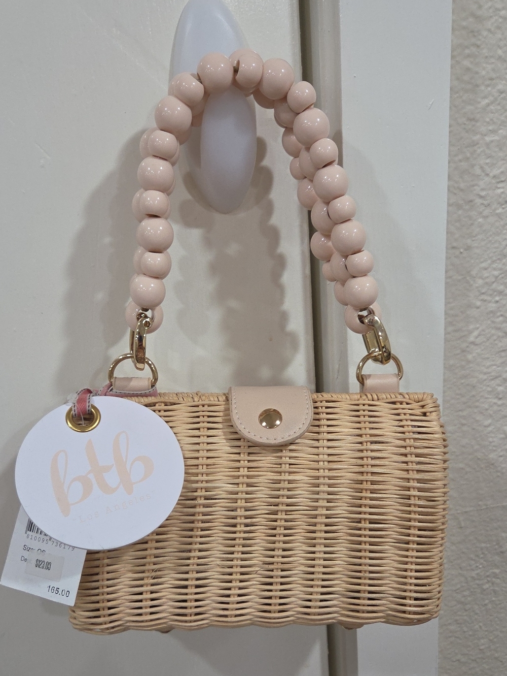 BTB Straw Wicker Handbag with Beaded Handle in Nude